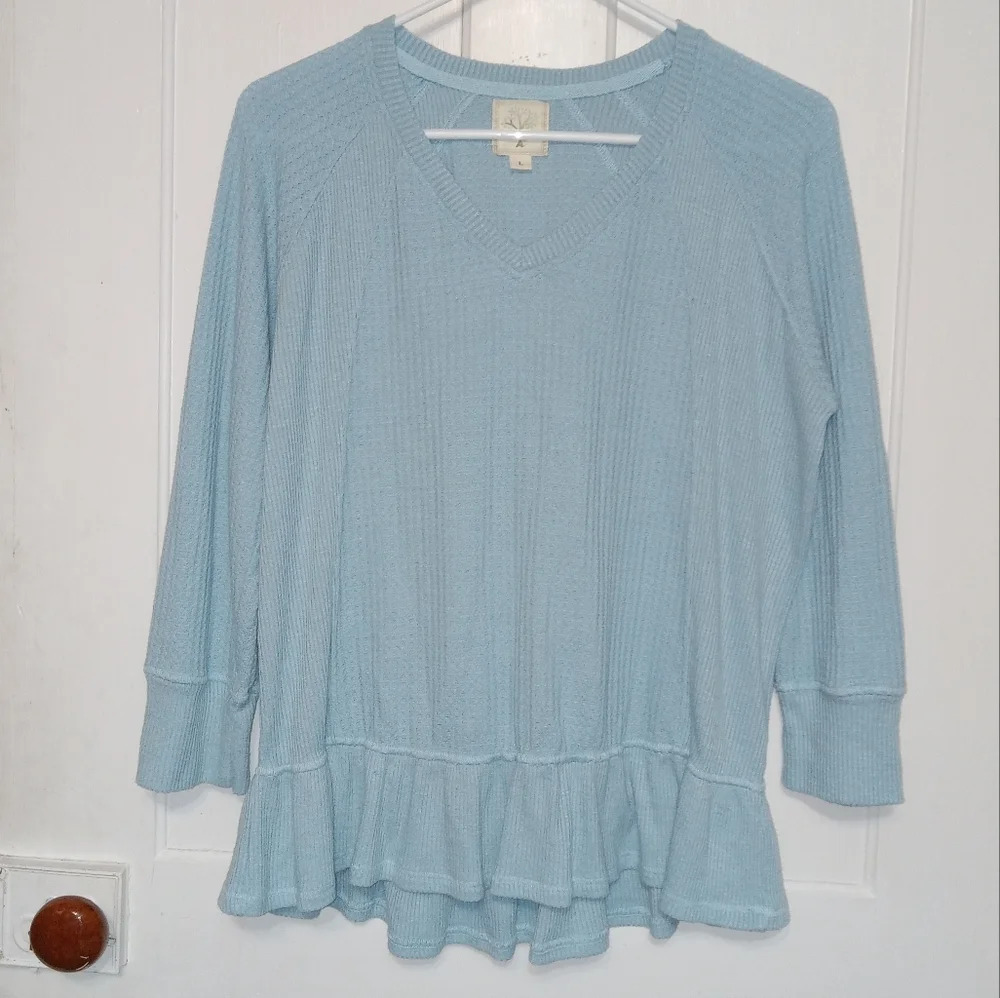 Colortree Blue Longsleeve Vneck Waffle Knit Ruffle Bottom Top size L